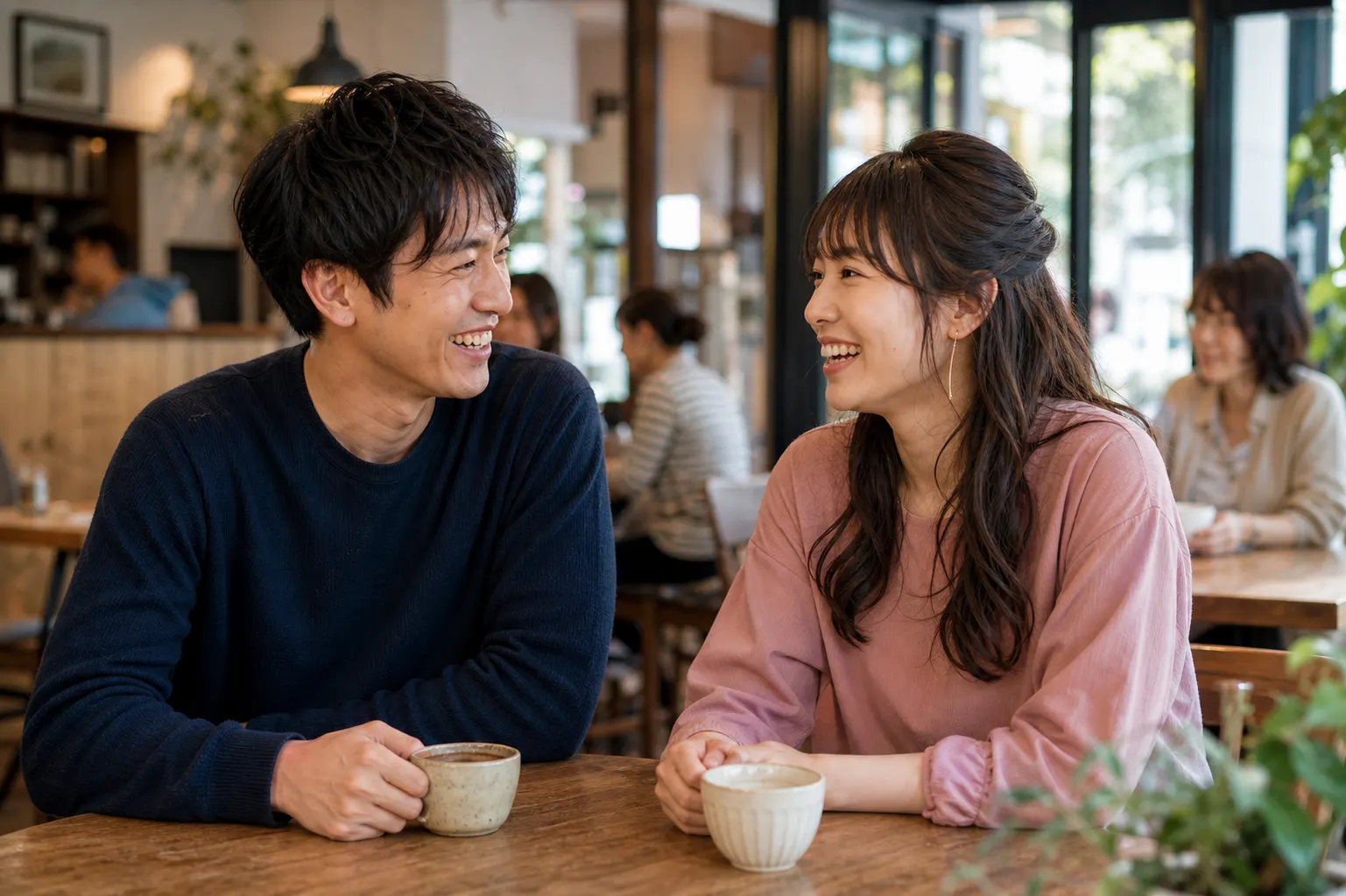 週末のカフェで笑顔を交わす30代前半の男女
