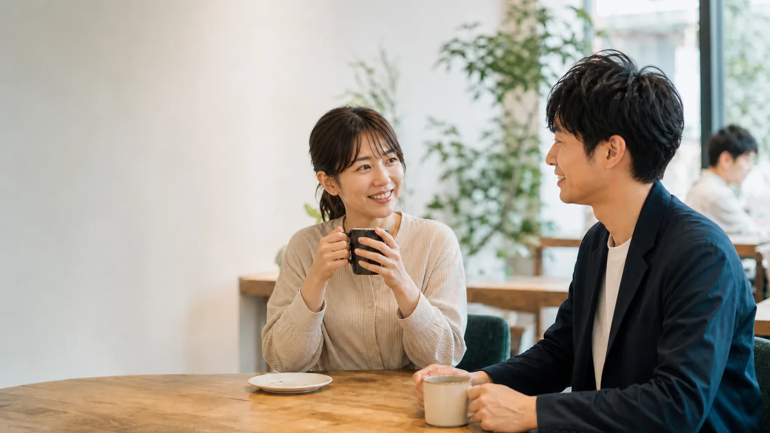 明るいカフェで向かい合って話す男女