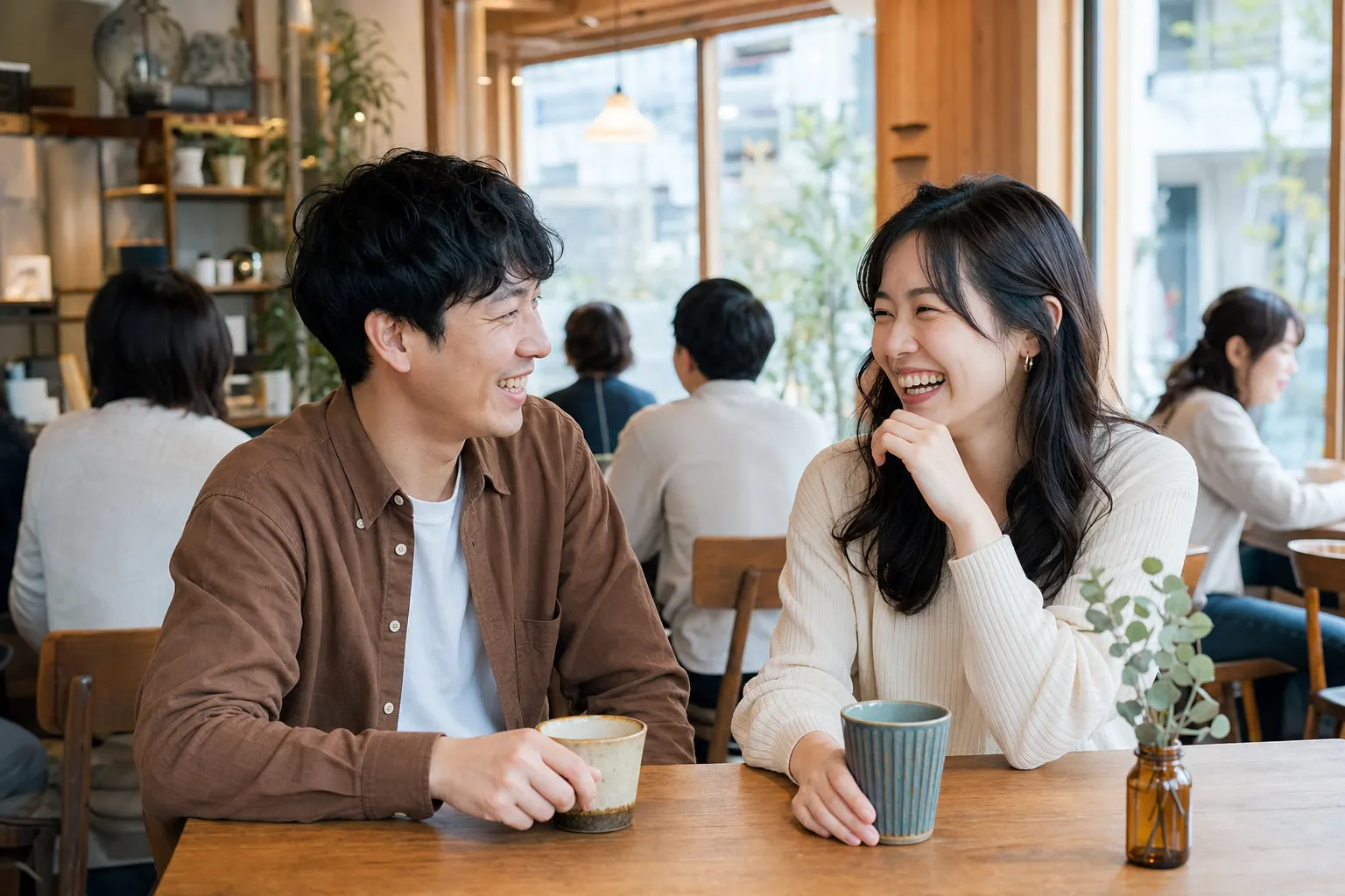 木の温もりがあるカフェで笑い合う30代前半の男女