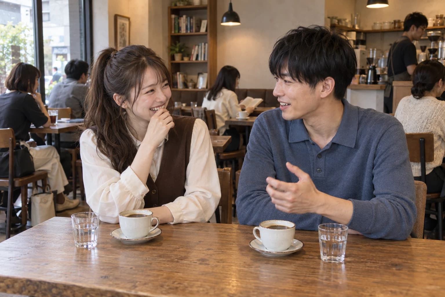 カフェで笑顔で会話を楽しむ男女のイメージ