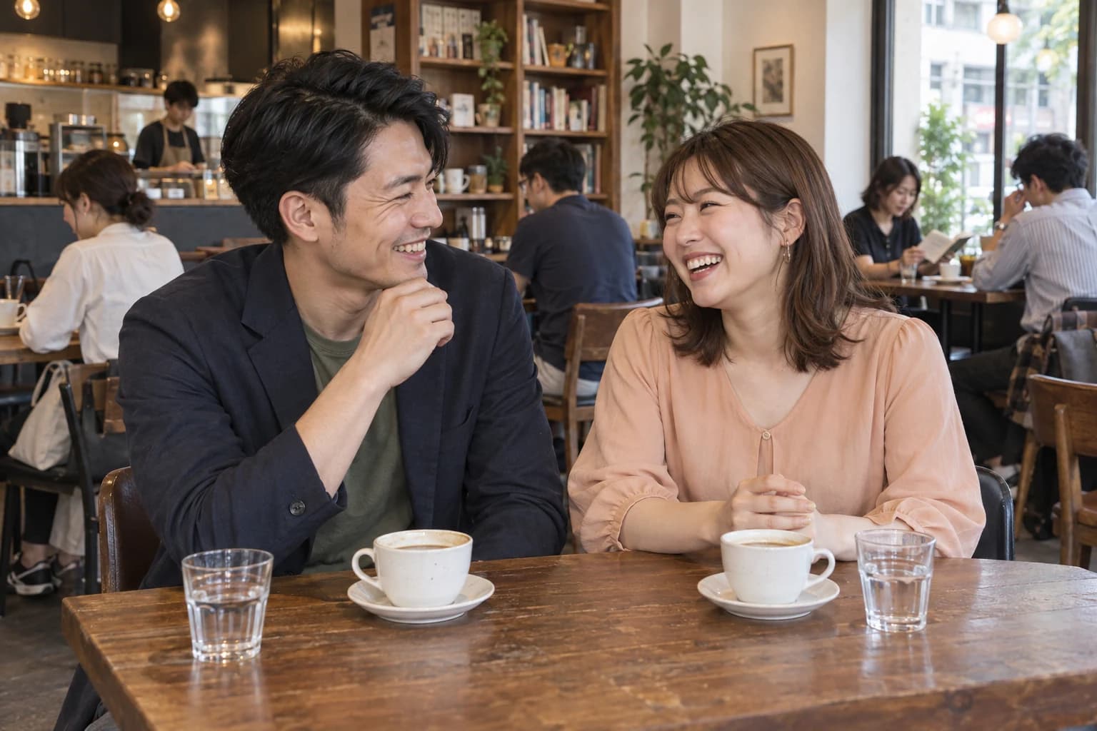 カフェで笑顔で会話を楽しむ男女のイメージ