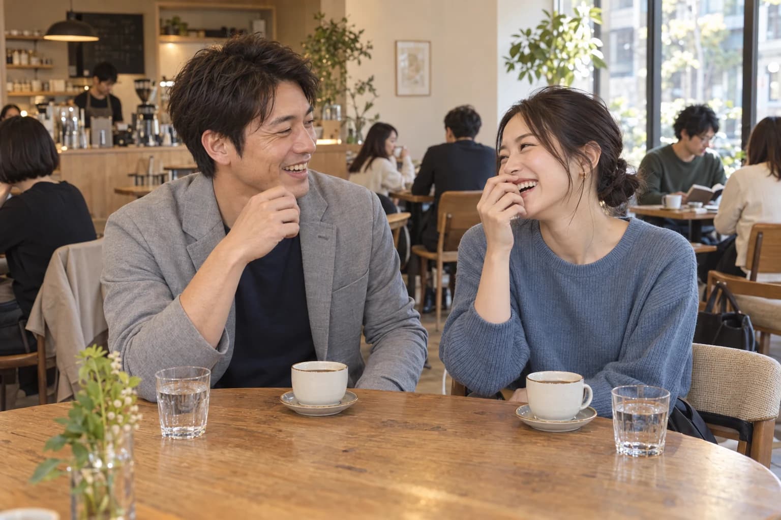 カフェで笑顔で会話を楽しむ男女のイメージ