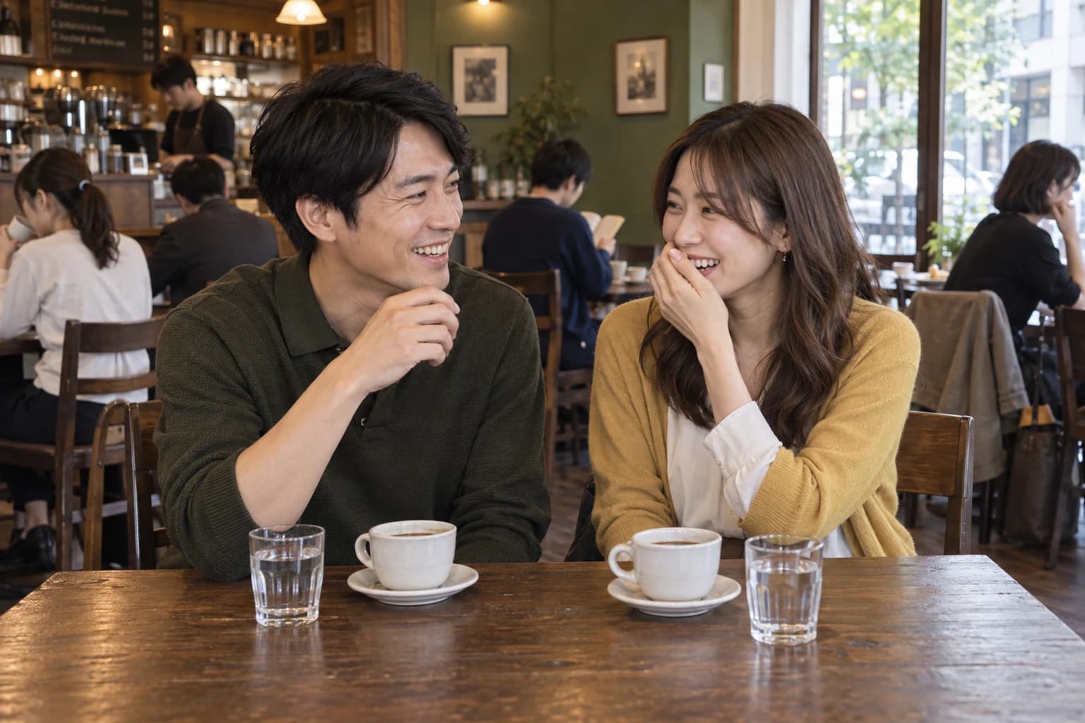 カフェで笑顔で会話を楽しむ男女のイメージ