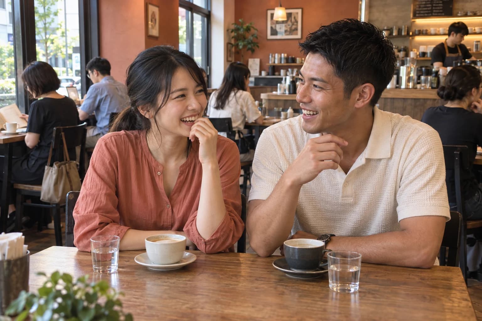 カフェで笑顔で会話を楽しむ男女のイメージ