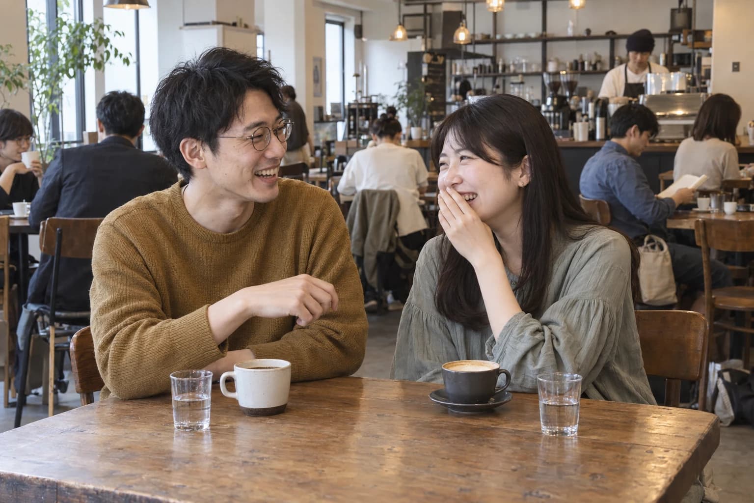 カフェで笑顔で会話を楽しむ男女のイメージ
