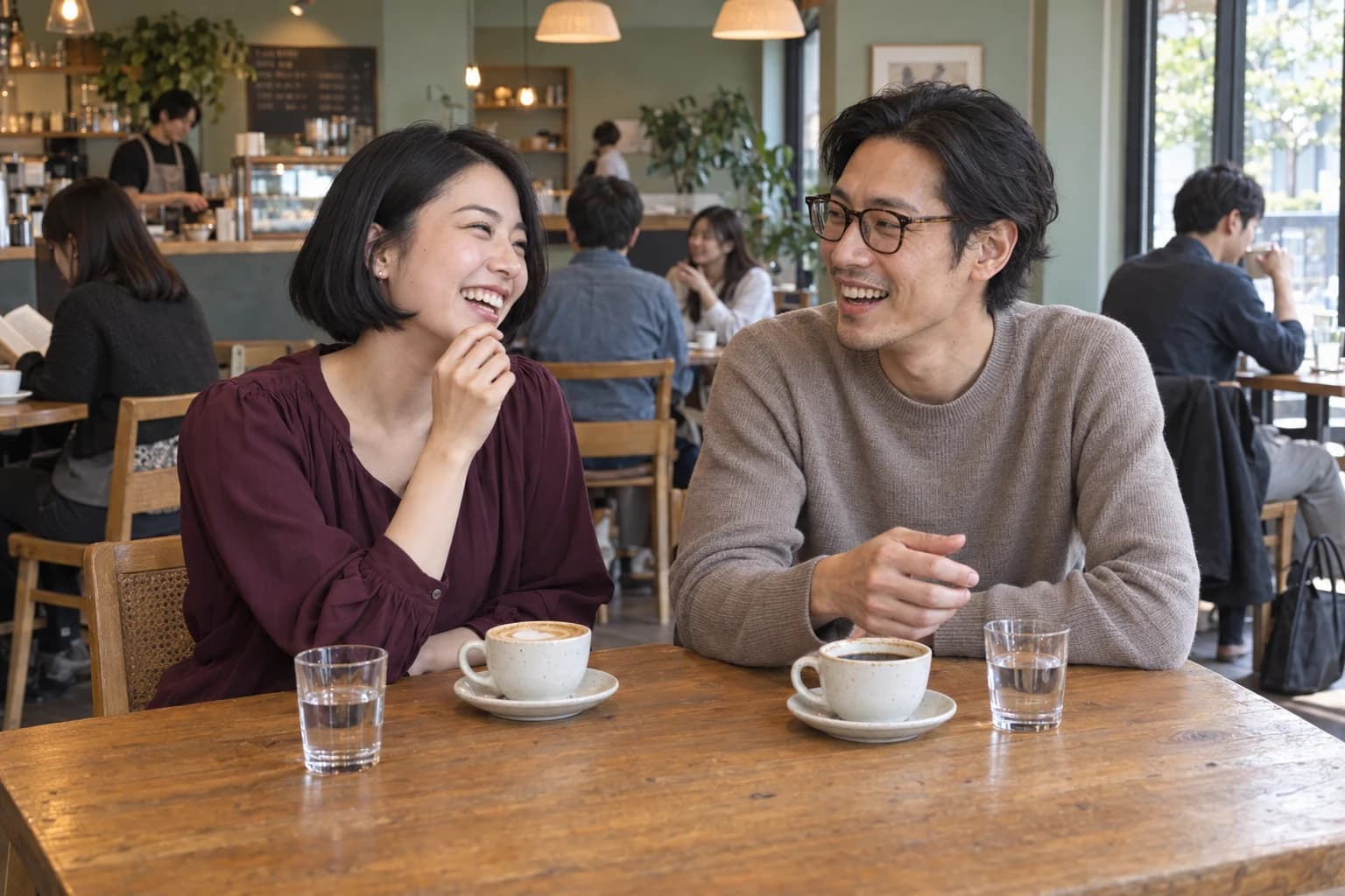 カフェで笑顔で会話を楽しむ男女のイメージ