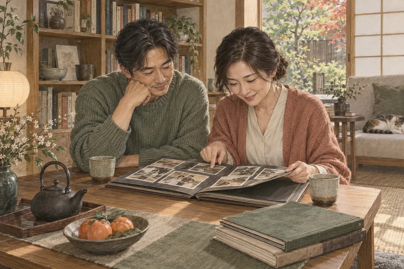二人で家族のアルバムを眺めるイメージ