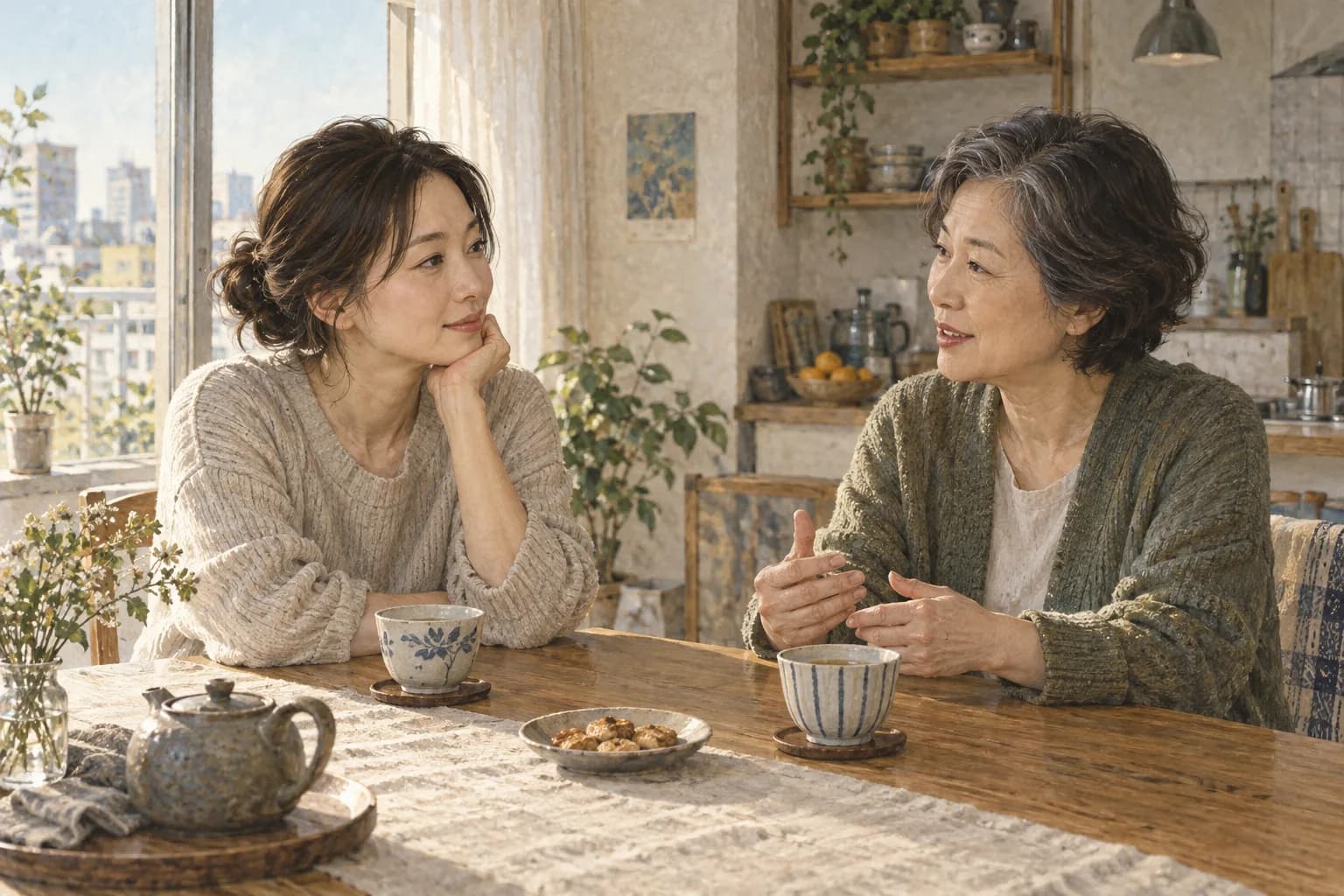食卓でお茶を飲みながら話す親子のイメージ