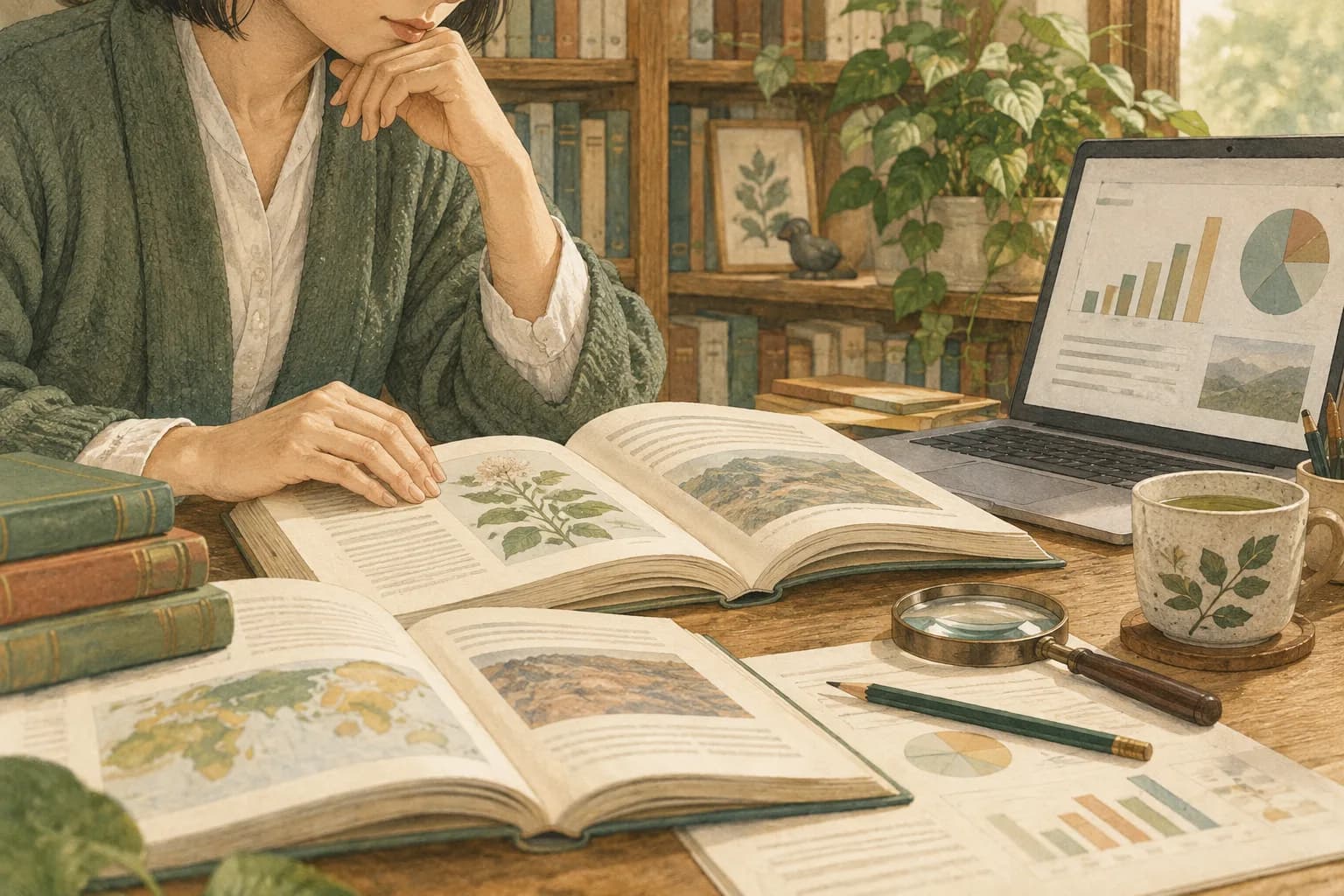 本と公開資料を読み比べて調べものをするイラスト
