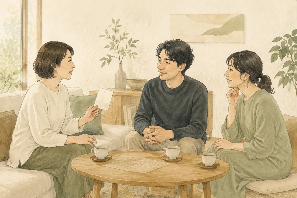 短いメモを手に近況を話し、聞き合う大人たちのイメージ