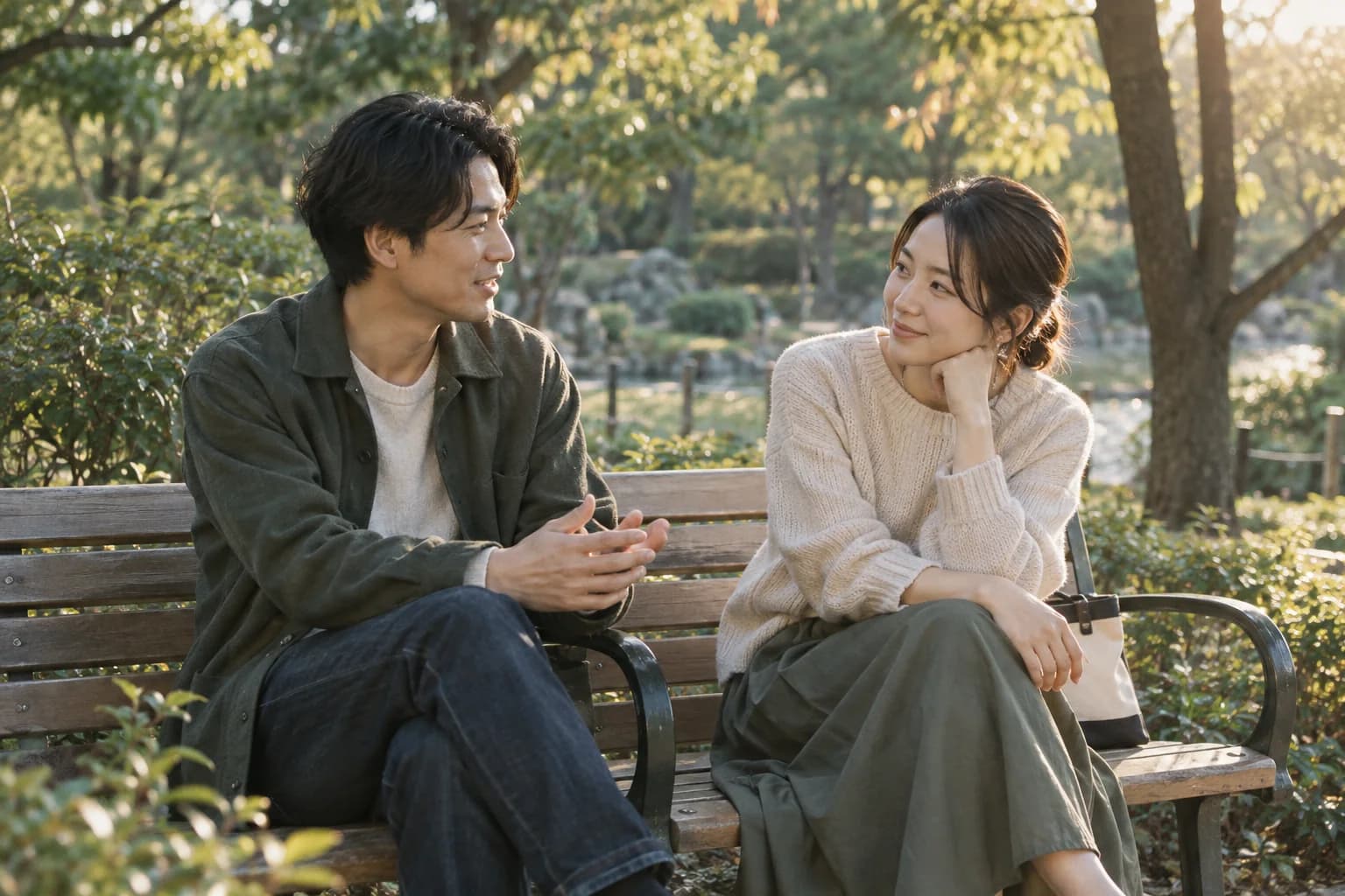 公園のベンチで互いの話を聞く二人のイメージ