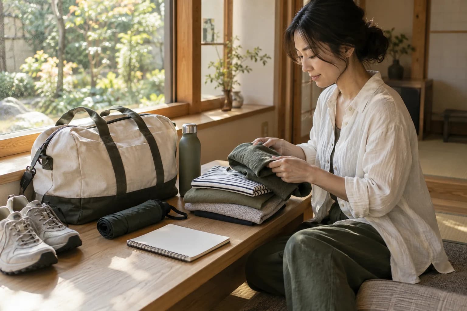 出発に向けて鞄や歩きやすい靴を用意した旅支度のイメージ