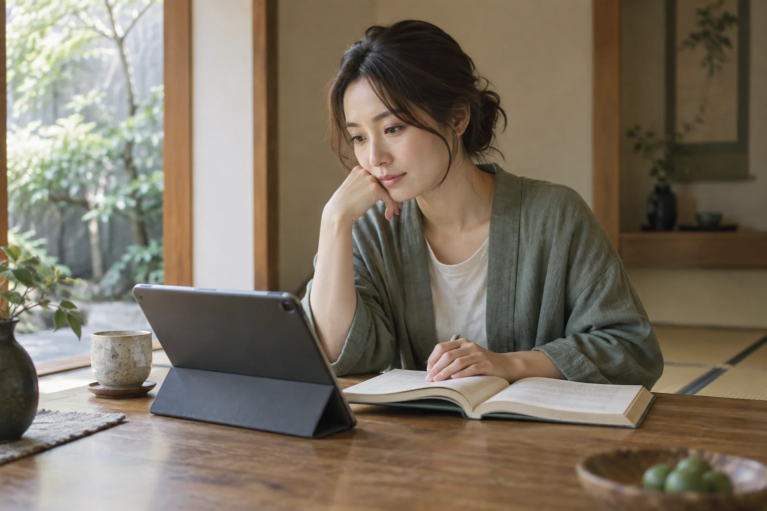 本とタブレットを使って学び直す女性のイメージ