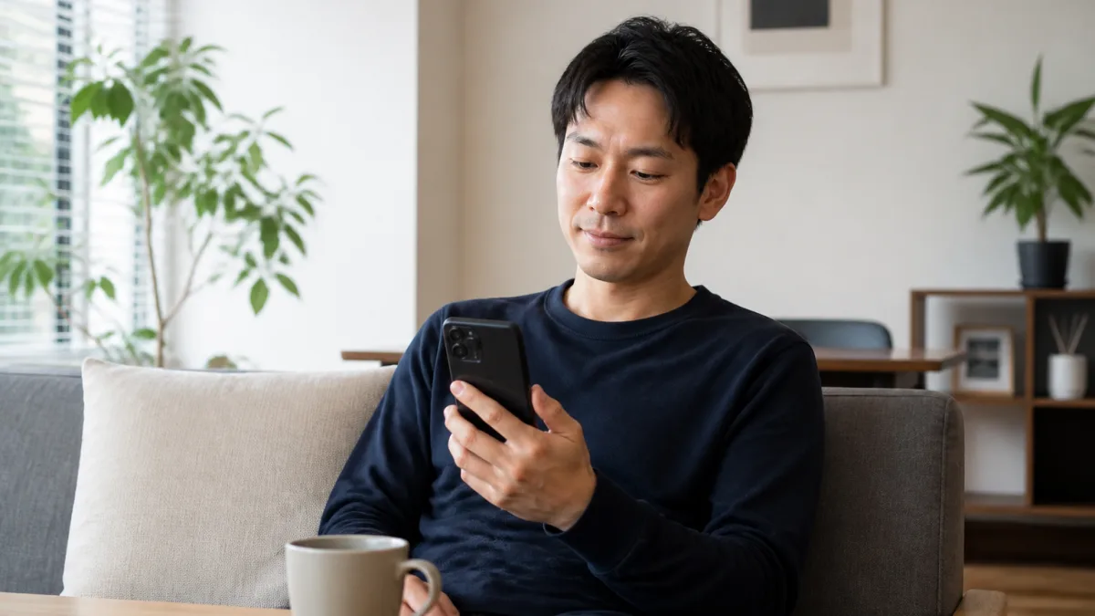自宅でスマートフォンを確認する30代の男性