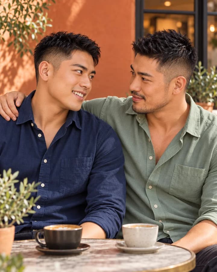 カフェのテラスで笑顔で会話する二人の男性