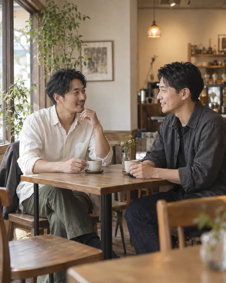 カフェで向かい合って話す二人の男性