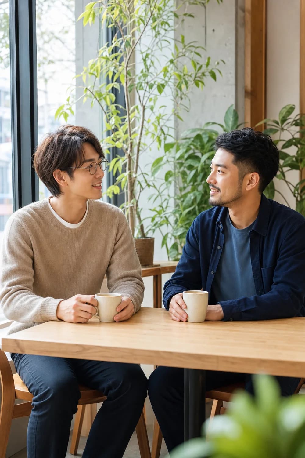 明るいカフェで向かい合い、自然に会話する二人の男性