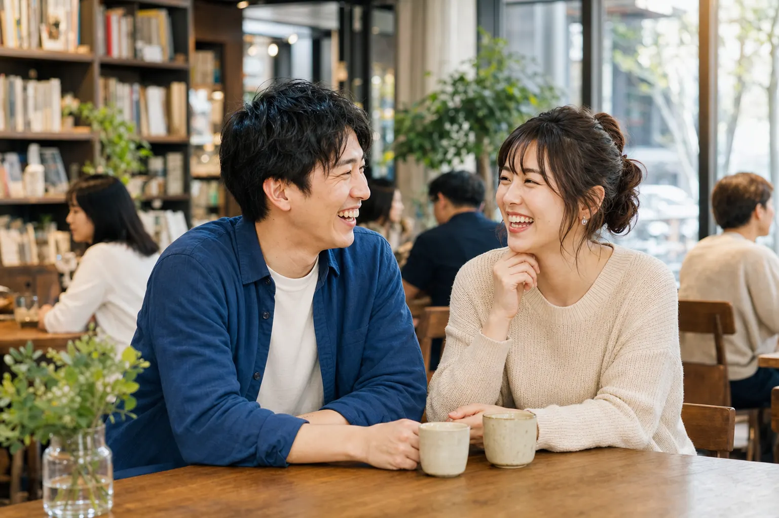 明るいカフェで会話を楽しむ20代後半の男女