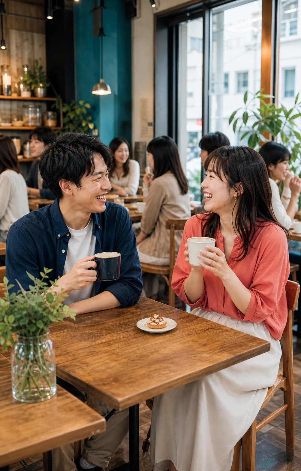 明るいカフェで会話を楽しむ20代後半の男女