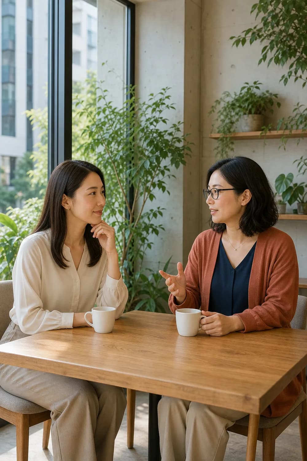 明るいカフェで向かい合い、自然に会話する二人の女性