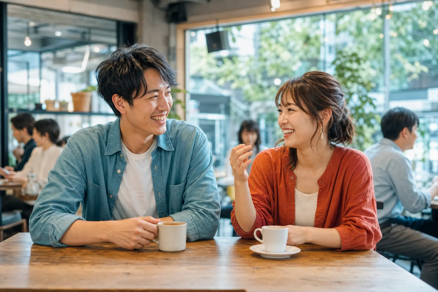 大学街のカフェで会話を楽しむ20代後半の男女