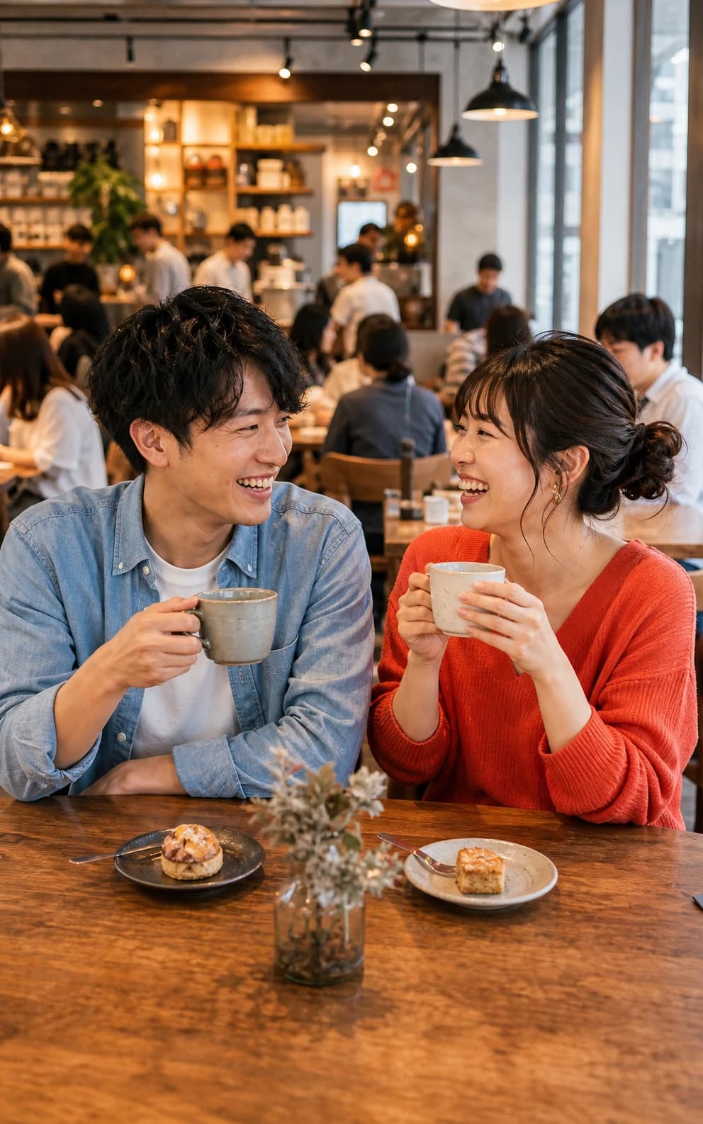 大学街のカフェで会話を楽しむ20代後半の男女