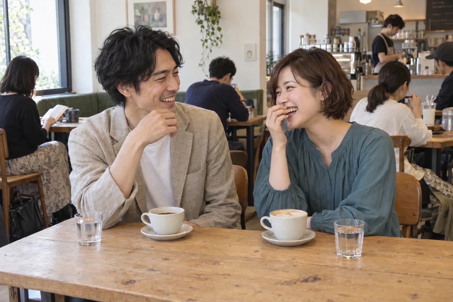 カフェで笑顔で会話を楽しむ男女のイメージ