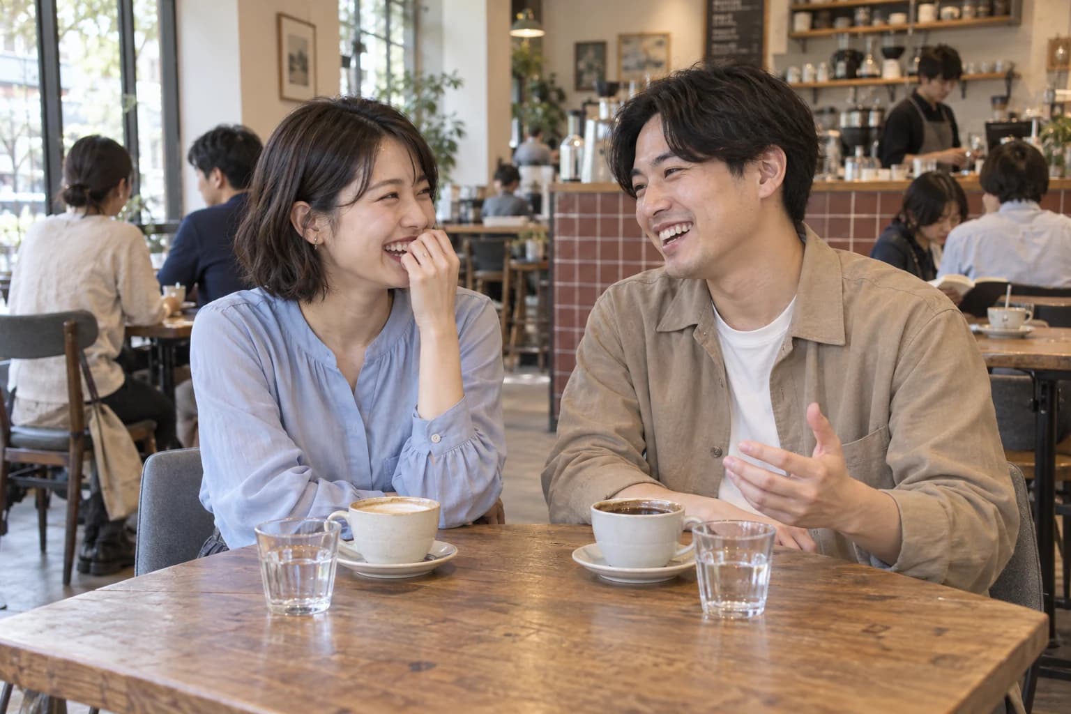 カフェで笑顔で会話を楽しむ男女のイメージ