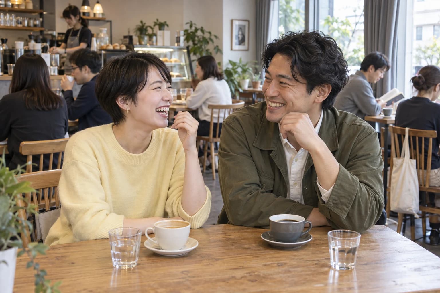 カフェで笑顔で会話を楽しむ男女のイメージ