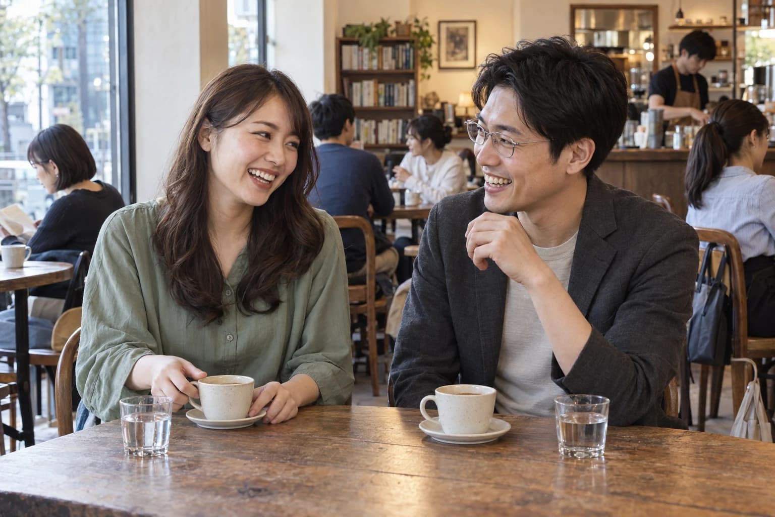 カフェで笑顔で会話を楽しむ男女のイメージ