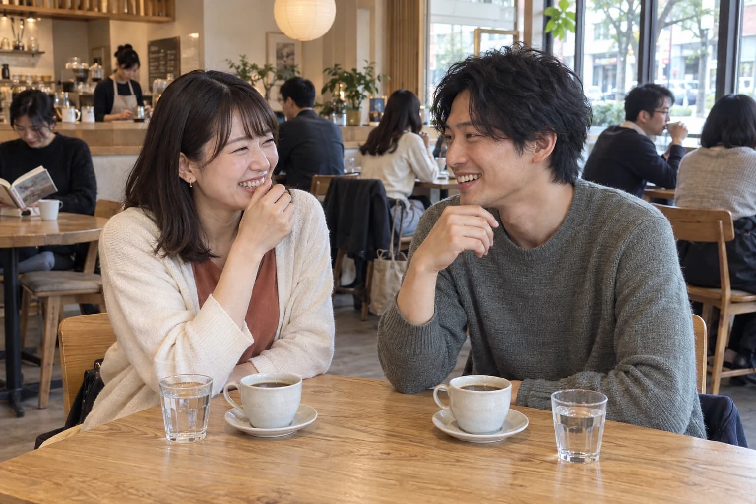 カフェで笑顔で会話を楽しむ男女のイメージ