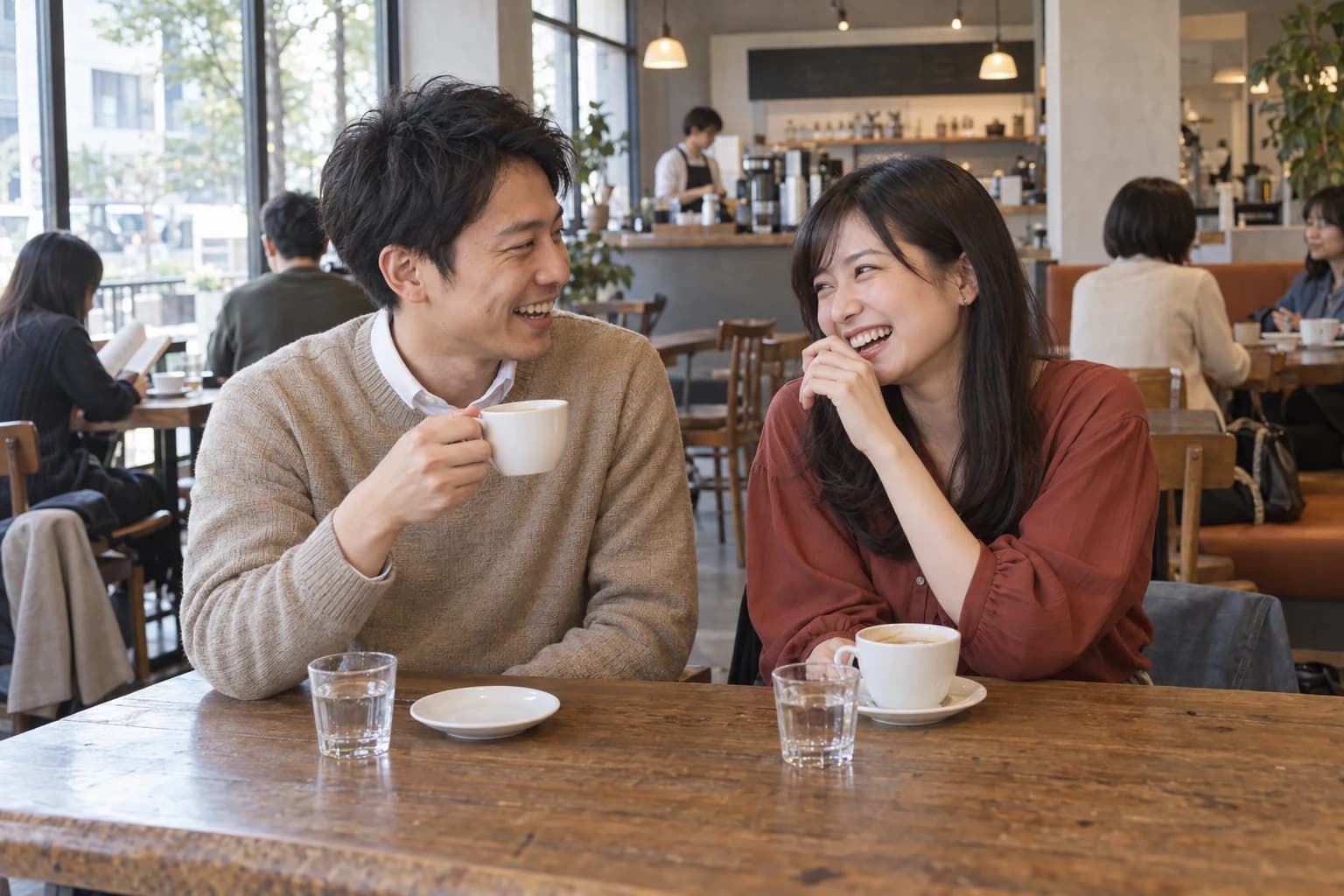カフェで笑顔で会話を楽しむ男女のイメージ