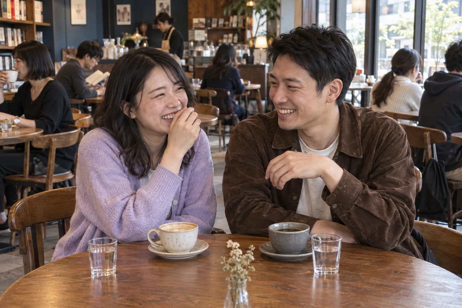 カフェで笑顔で会話を楽しむ男女のイメージ