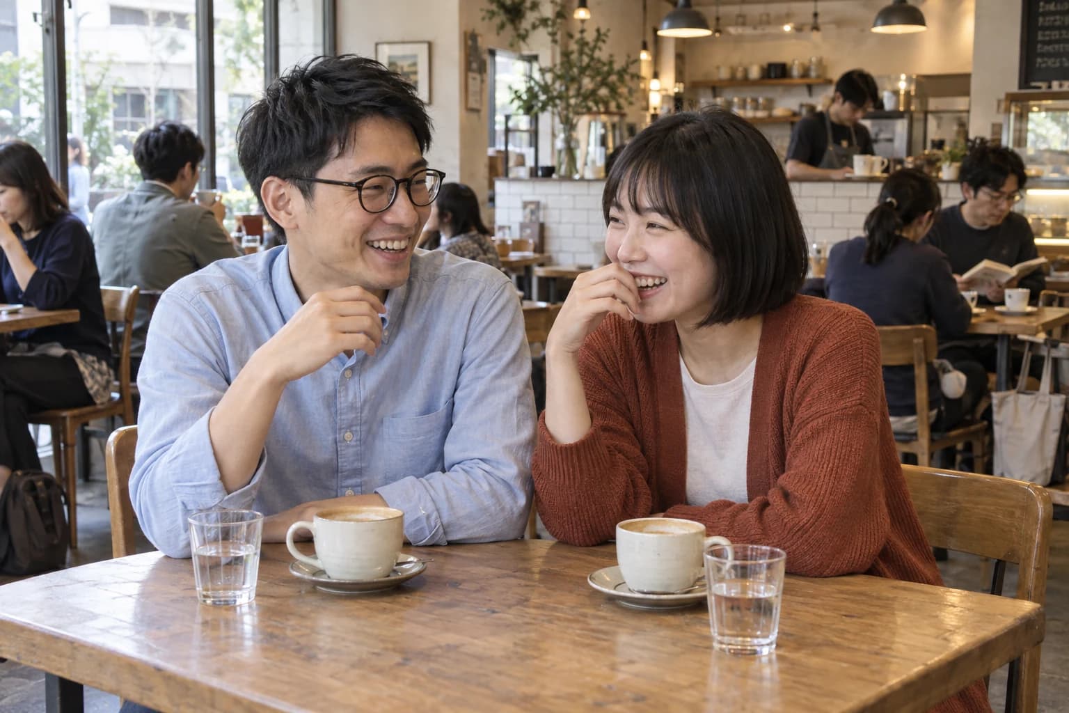 カフェで笑顔で会話を楽しむ男女のイメージ