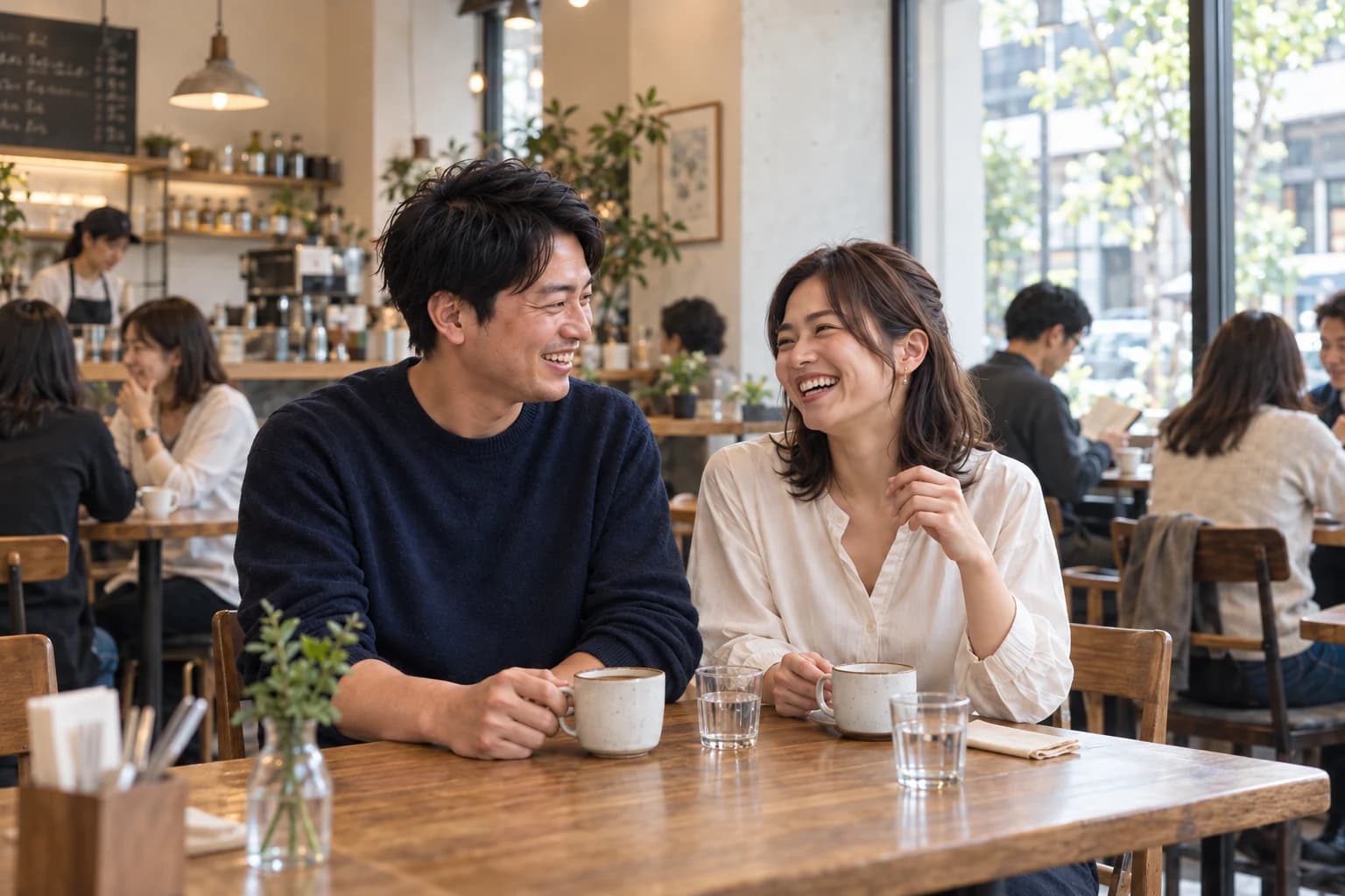 カフェで笑顔で会話を楽しむ男女のイメージ