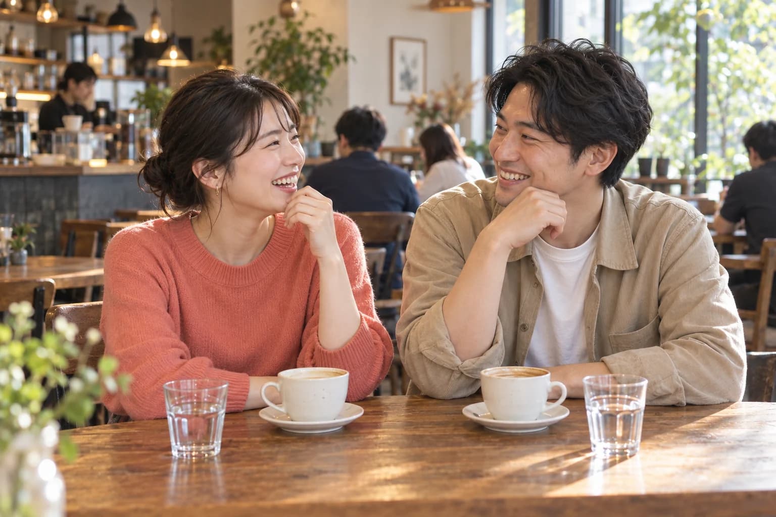 カフェで笑顔で会話を楽しむ男女のイメージ