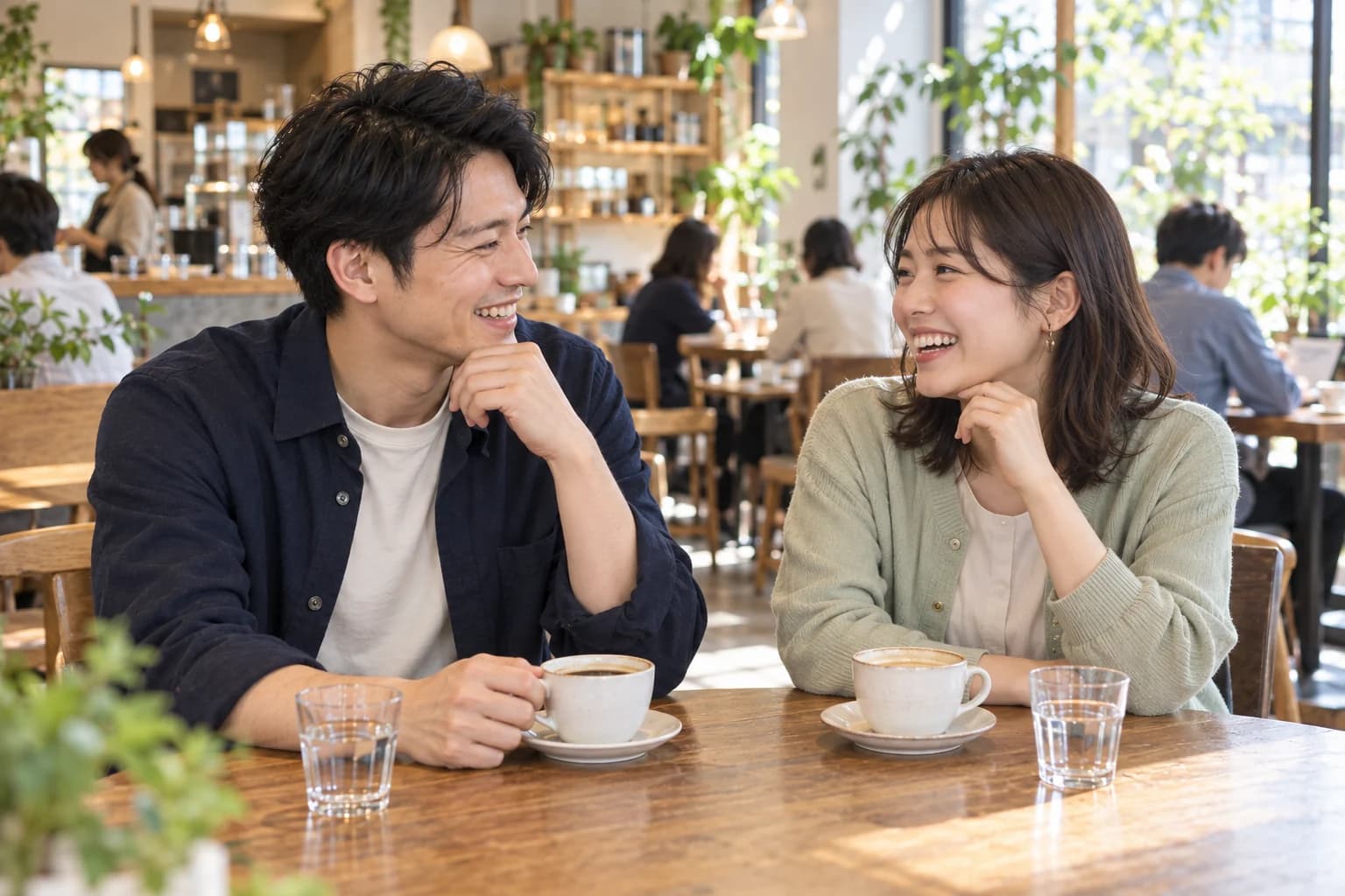 カフェで笑顔で会話を楽しむ男女のイメージ