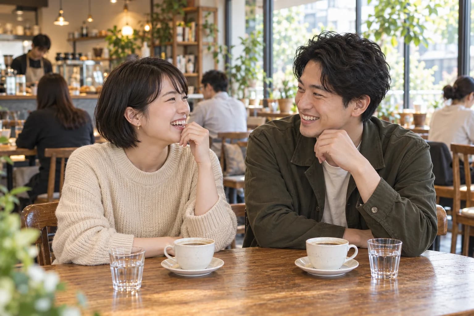 カフェで笑顔で会話を楽しむ男女のイメージ