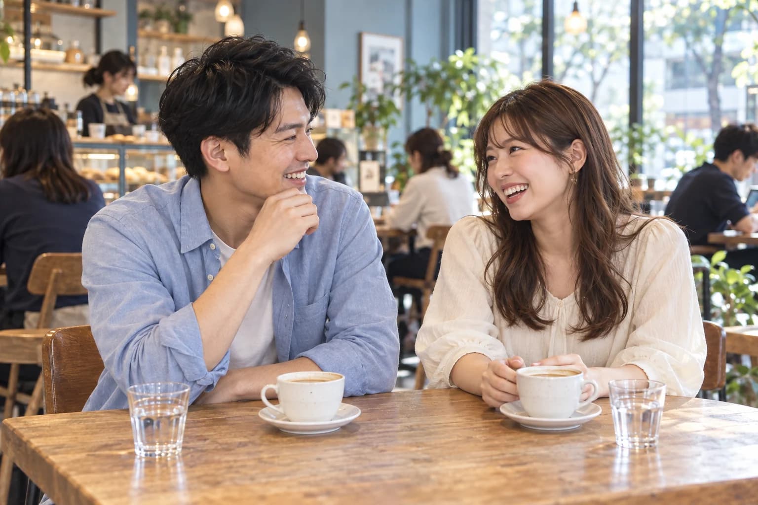 カフェで笑顔で会話を楽しむ男女のイメージ