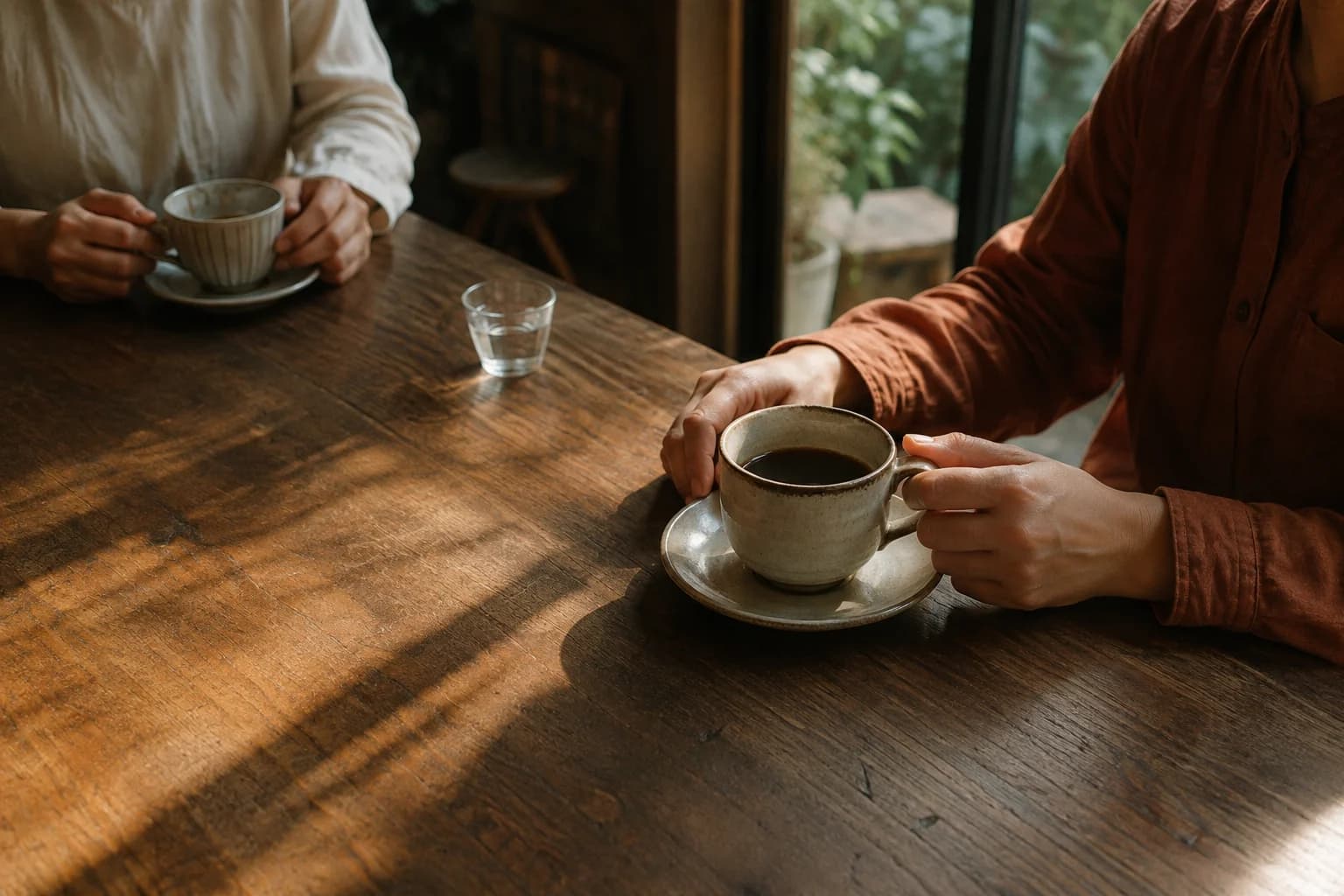 カフェの木のテーブルに並ぶ二杯のコーヒーと、くつろぐふたりの手元のイメージ