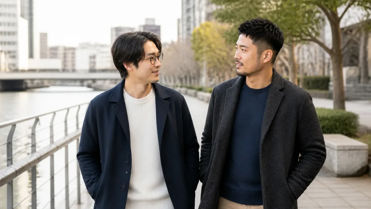 街を歩きながら会話する30代の男性二人