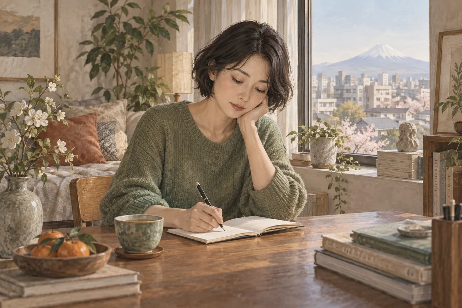 窓辺でノートに自分の考えを書き留める女性のイメージ