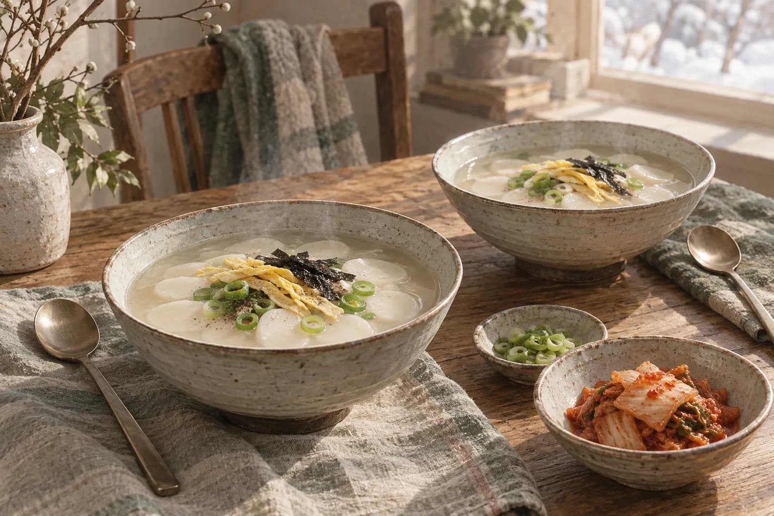 家庭の食卓に並ぶ餅入りのスープのイメージ