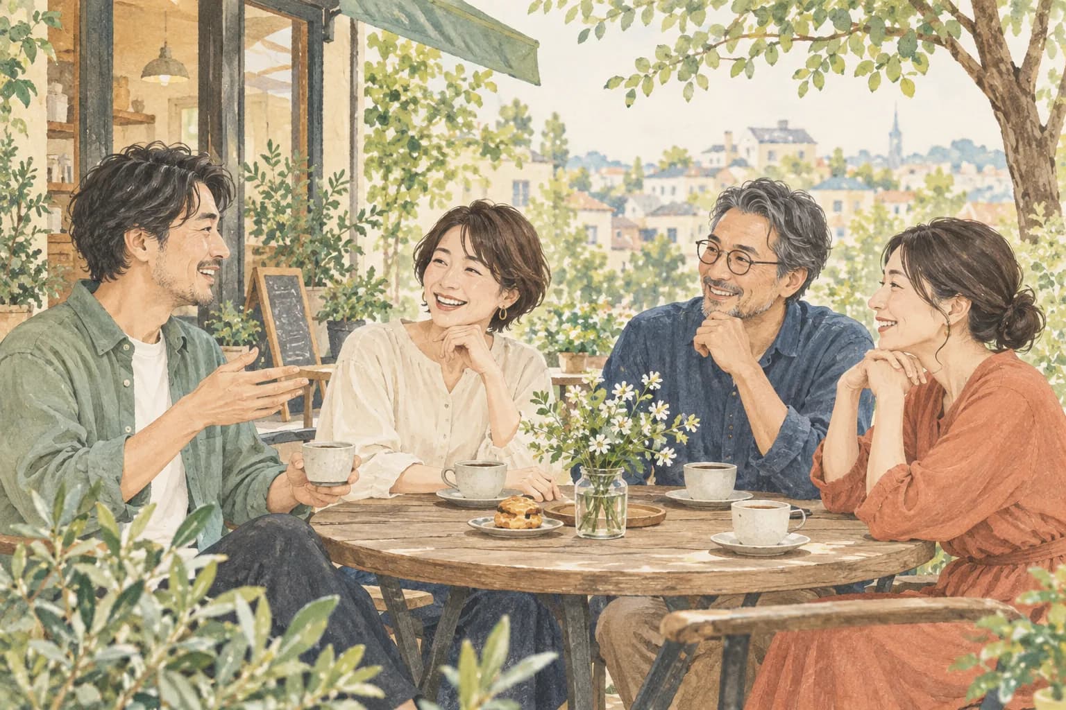 木陰のカフェで会話を楽しむ友人たちのイラスト