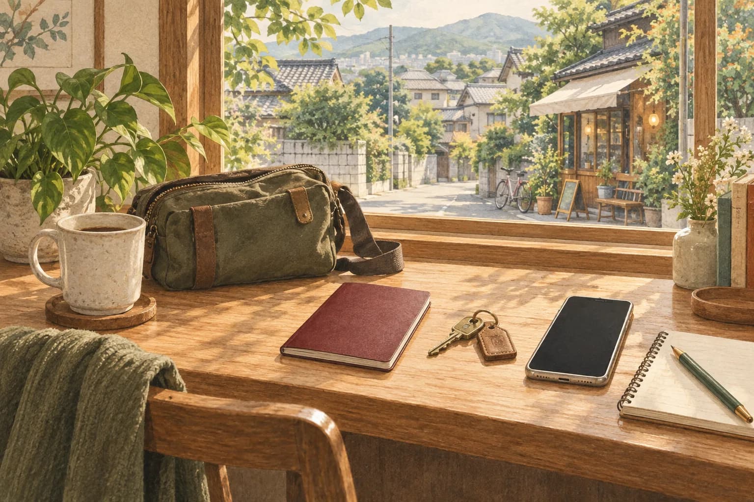 旅支度の道具とノートを窓辺に置いたイラスト
