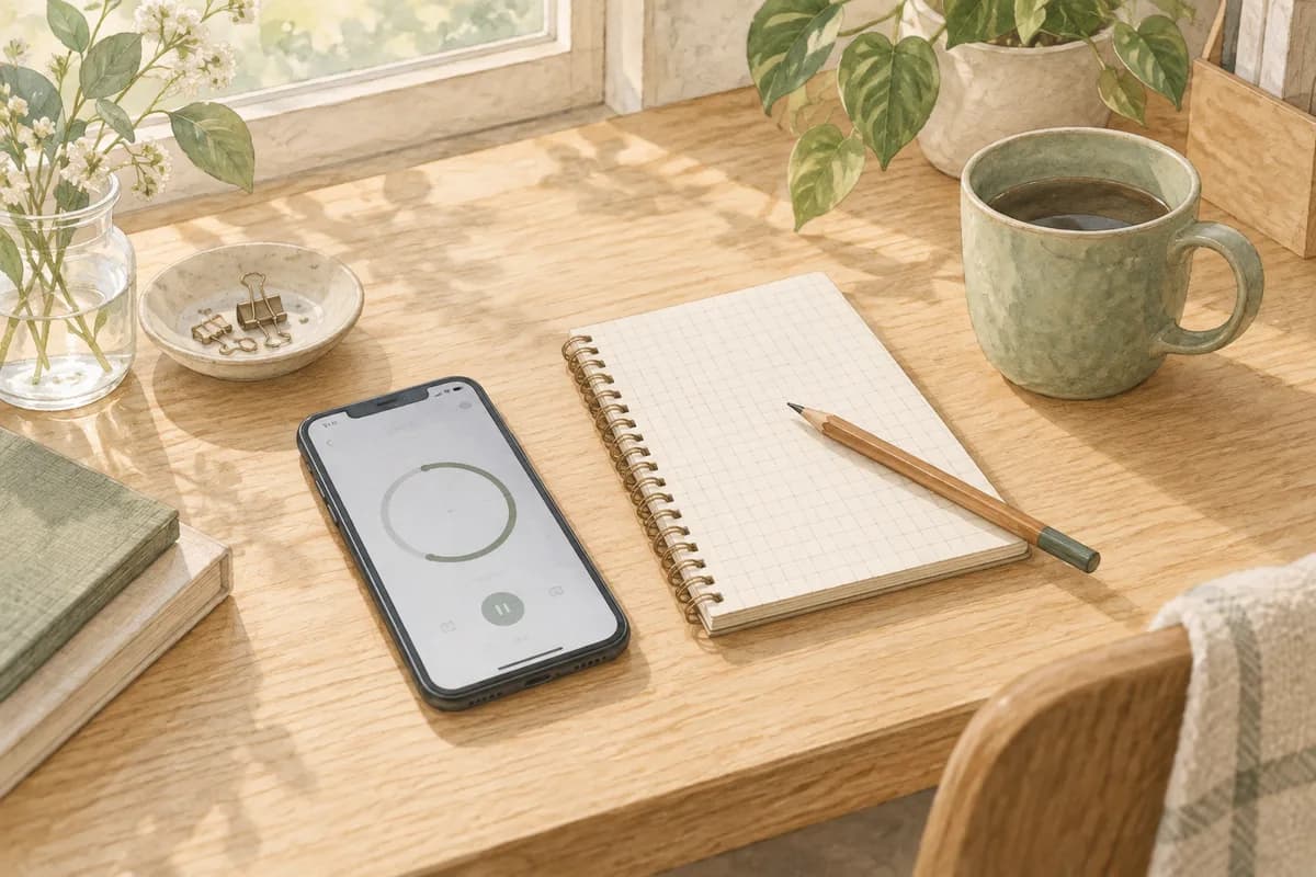 スマートフォンと記録用のノートを並べた机のイメージ