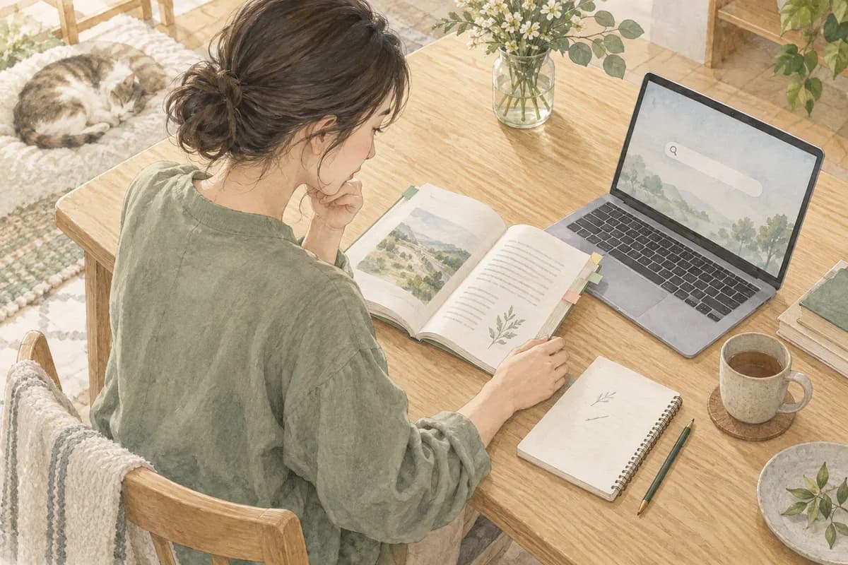 開いた本を読みながらパソコンで調べ、ノートを取るイメージ