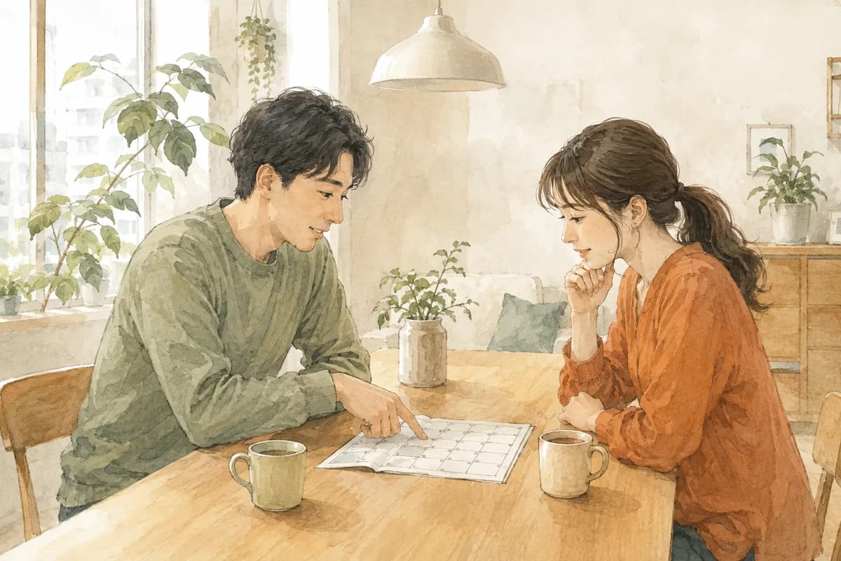 カレンダーを見ながら暮らしの予定を話し合う大人の男女のイメージ