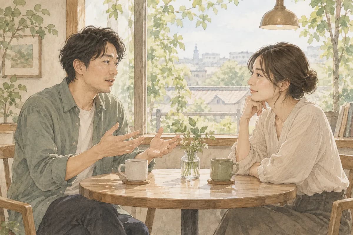 カフェで互いの話に耳を傾けながら会話する大人の男女のイメージ