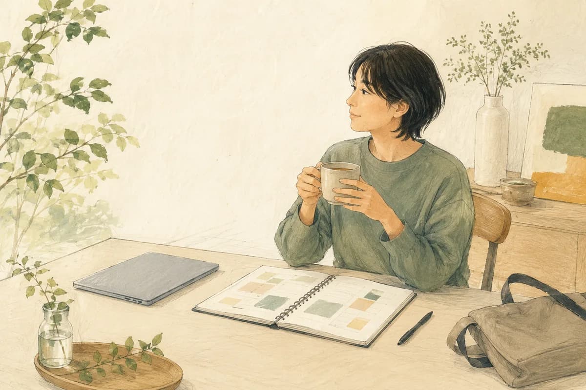 仕事の持ち物と予定を整理し、休憩するイメージ